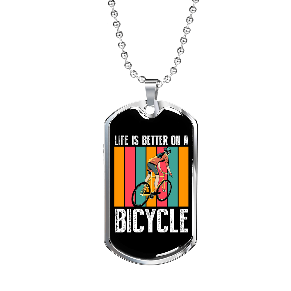 Life Is Better On A Bicycle Cycling Necklace Stainless Steel or 18k Gold Dog Tag 24"-Express Your Love Gifts