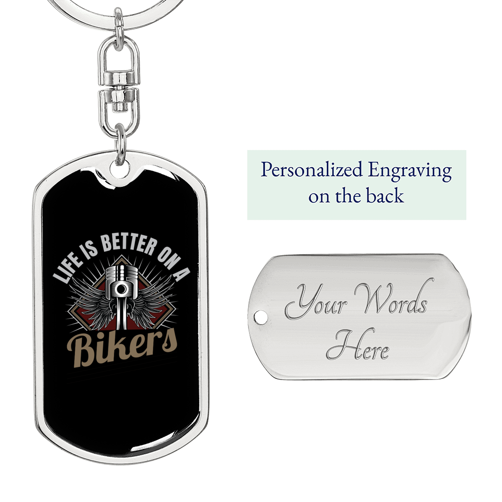 Life Is Better On A Bikers Keychain Stainless Steel or 18k Gold Dog Tag Keyring-Express Your Love Gifts
