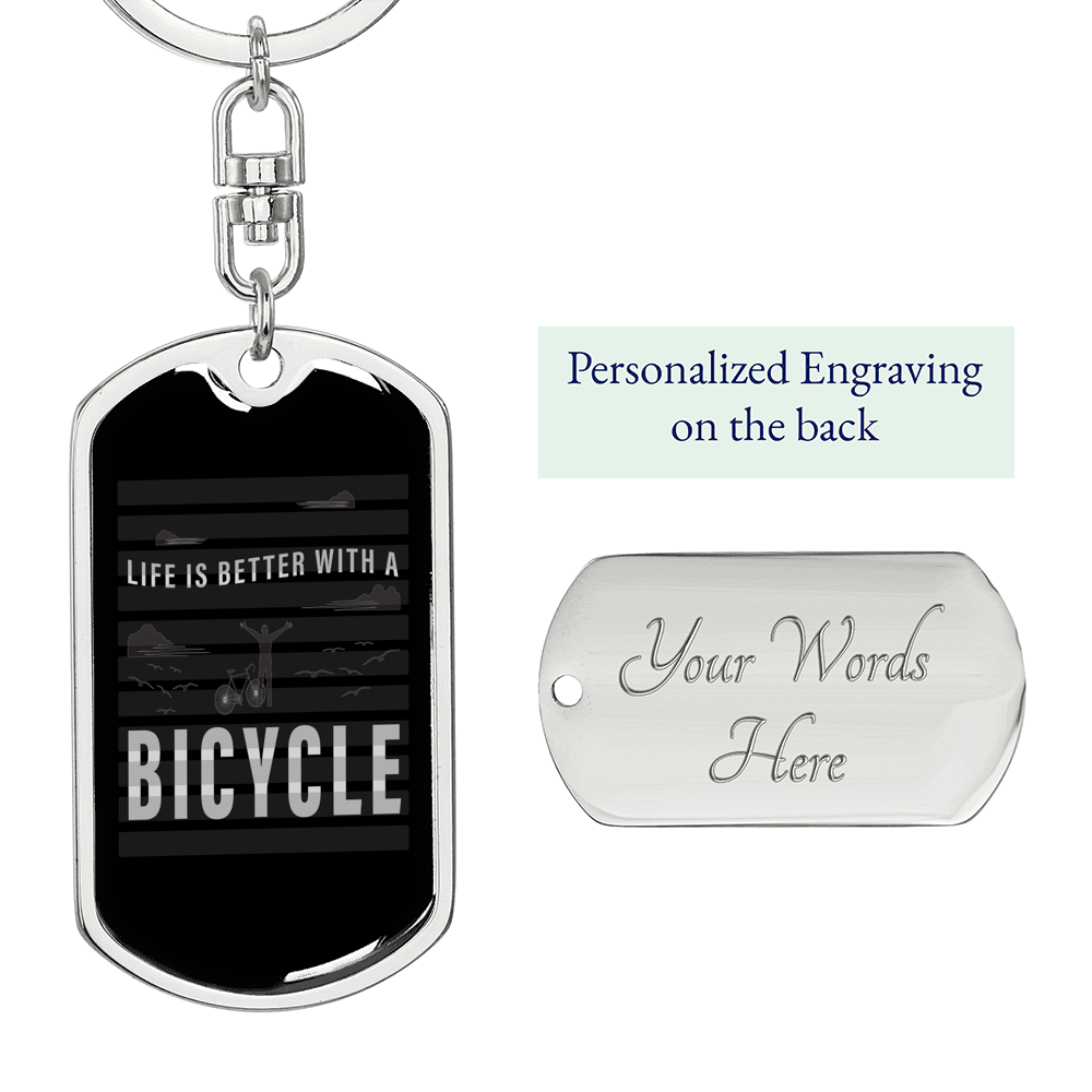 Life Is Better With A Bicycle Cycling Keychain Stainless Steel or 18k Gold Dog Tag Keyring-Express Your Love Gifts