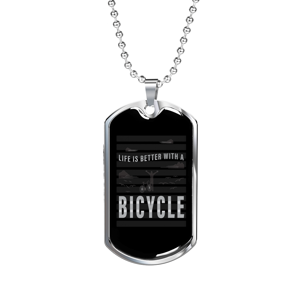 Life Is Better With A Bicycle Cycling Necklace Stainless Steel or 18k Gold Dog Tag 24"-Express Your Love Gifts