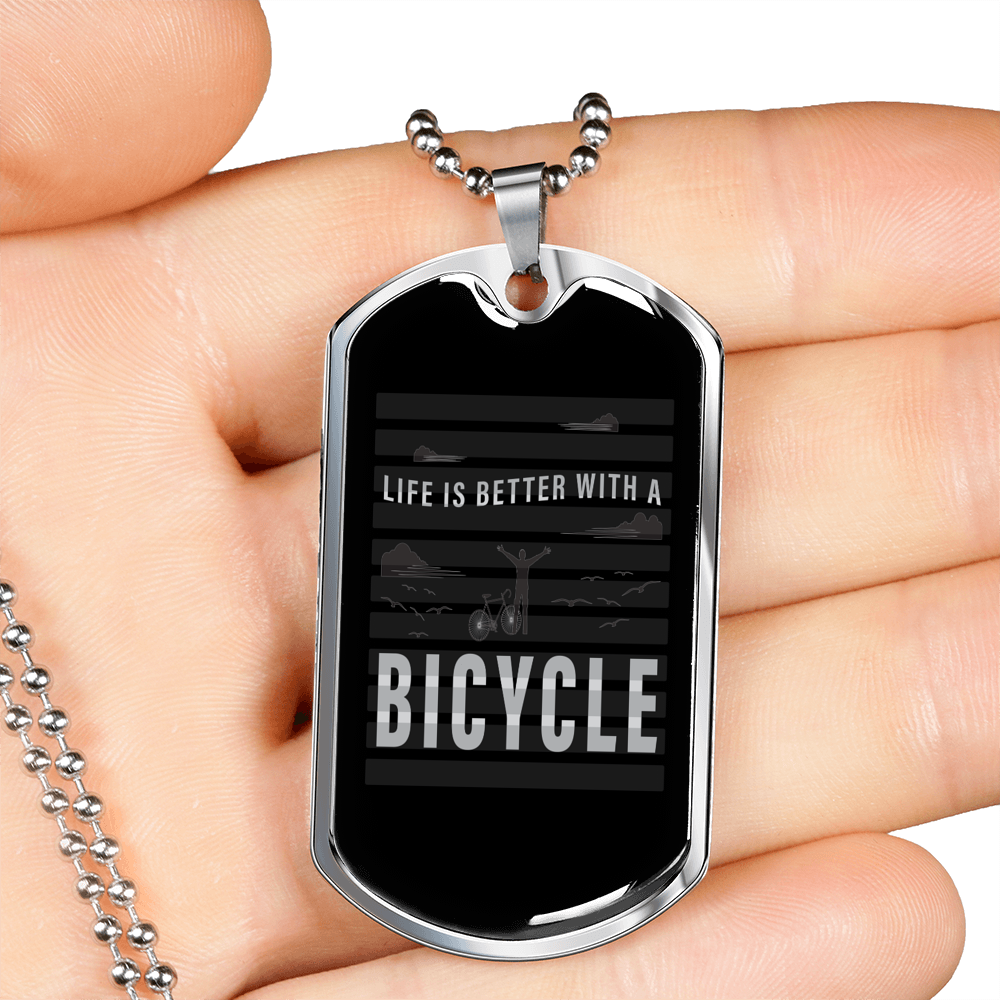 Life Is Better With A Bicycle Cycling Necklace Stainless Steel or 18k Gold Dog Tag 24"-Express Your Love Gifts