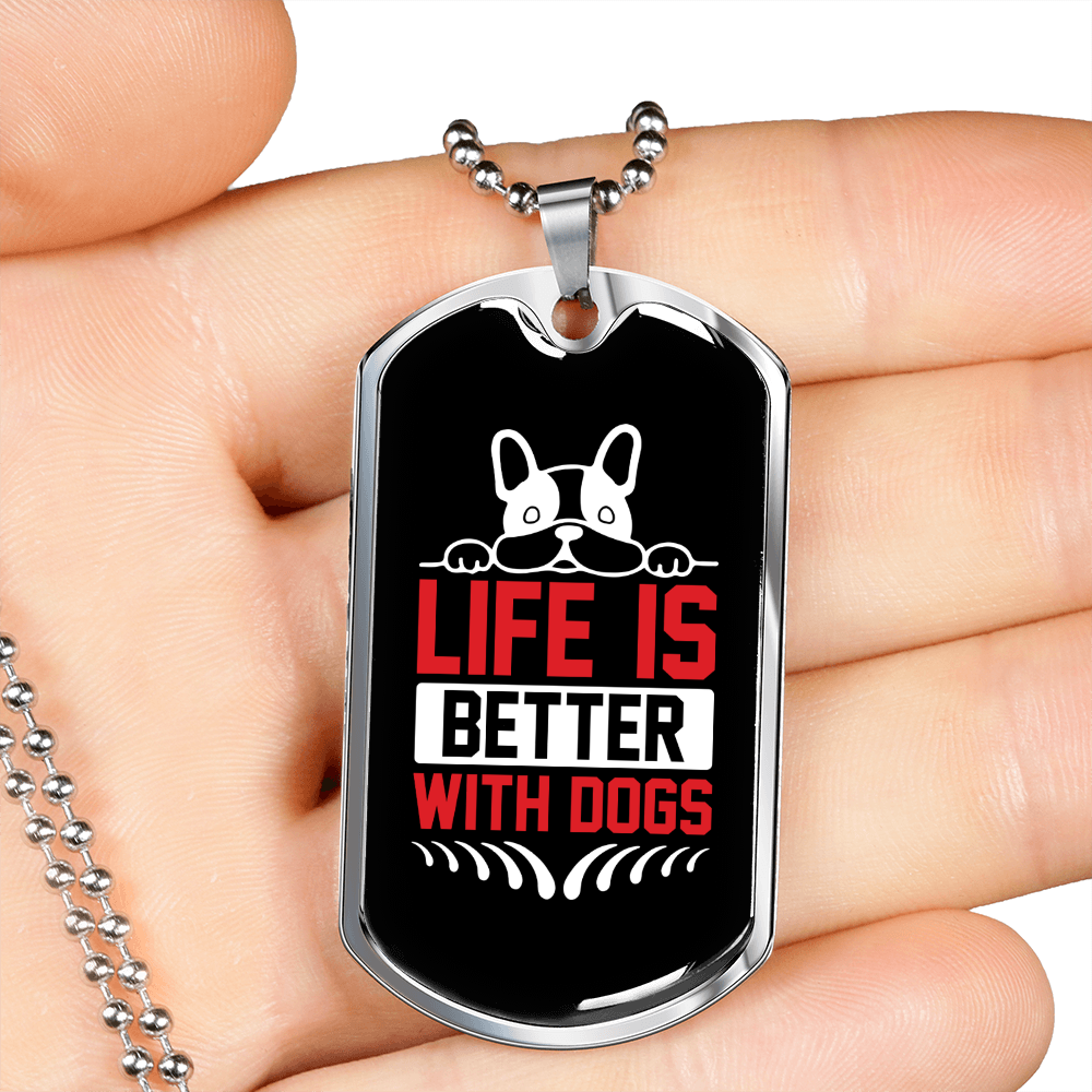Life is Better With a Dog Red Necklace Stainless Steel or 18k Gold Dog Tag 24" Chain-Express Your Love Gifts