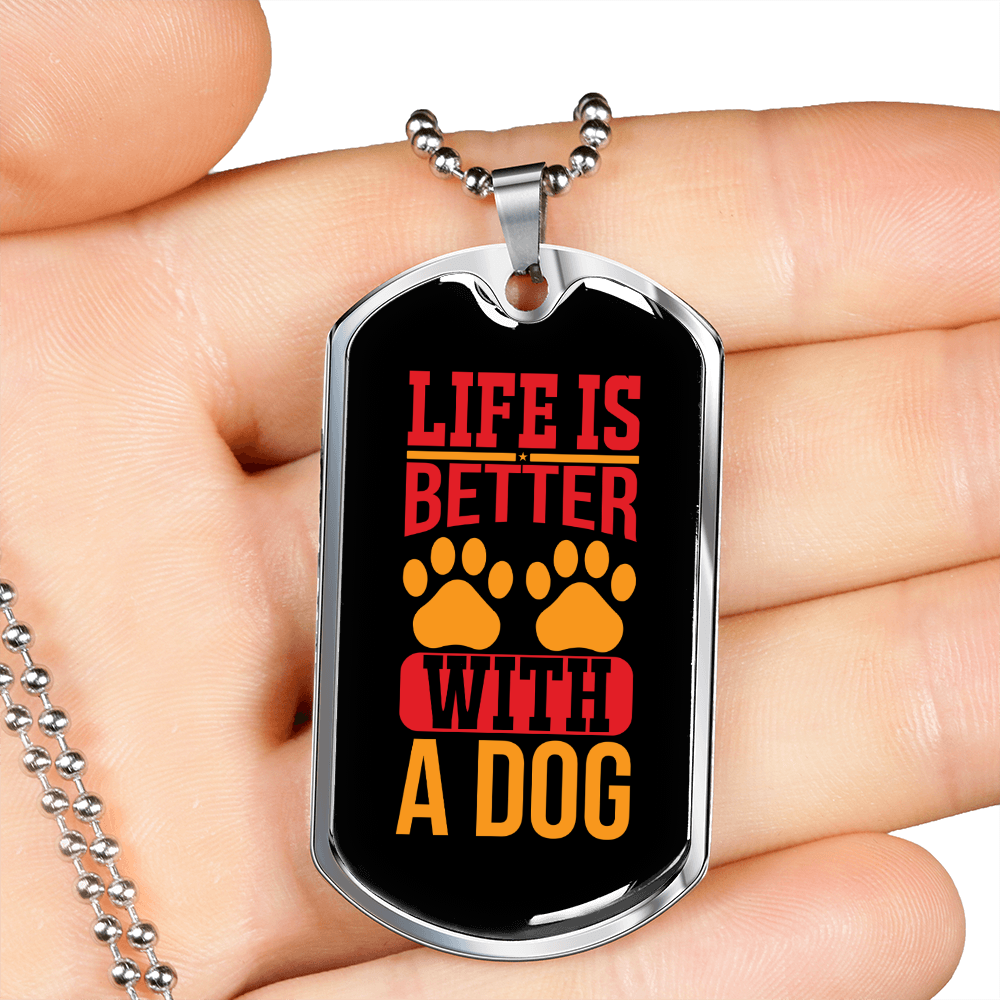 Life is Better With a Dog Red Paws Necklace Stainless Steel or 18k Gold Dog Tag 24" Chain-Express Your Love Gifts