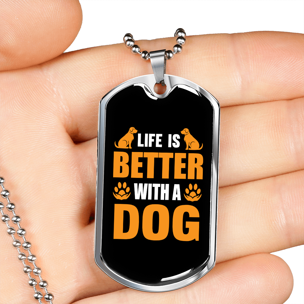 Life is Better With Dog Yellow Necklace Stainless Steel or 18k Gold Dog Tag 24" Chain-Express Your Love Gifts