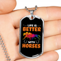 Life is Better With Horses Orange Necklace Stainless Steel or 18k Gold Dog Tag 24" Chain-Express Your Love Gifts