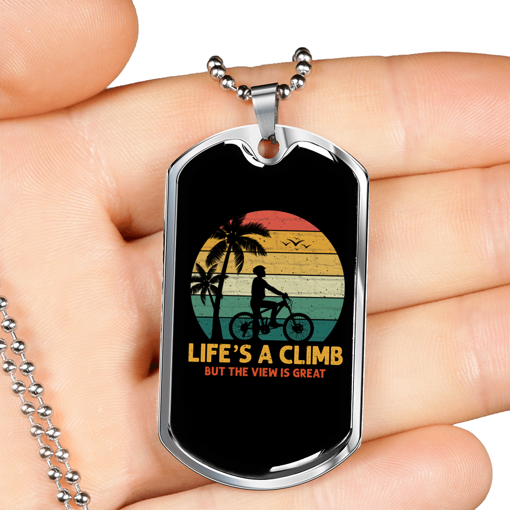 Life'S A Climb Cycling Necklace Stainless Steel or 18k Gold Dog Tag 24"-Express Your Love Gifts