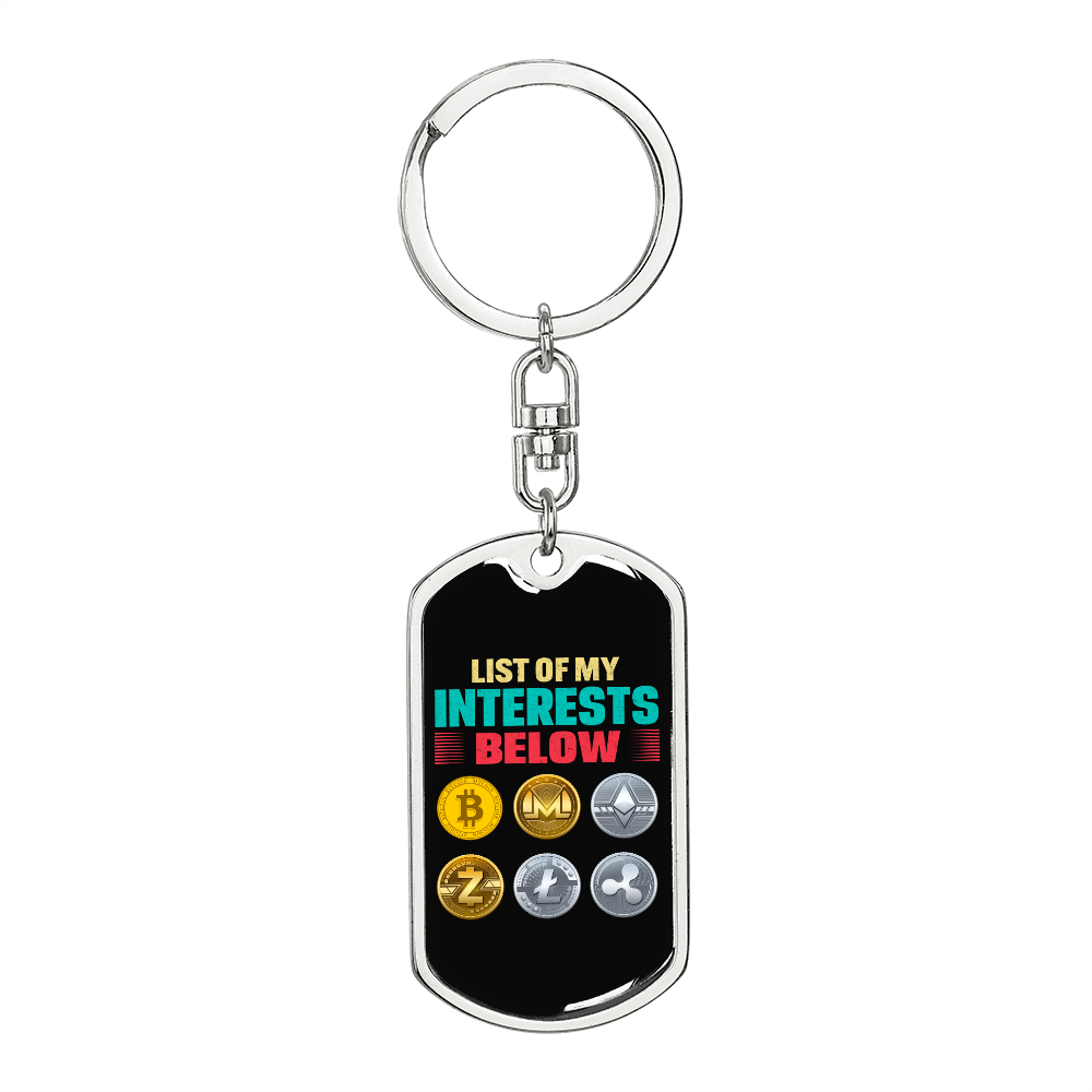 List of My Interests Crypto Keychain Stainless Steel or 18k Gold Dog Tag Keyring-Express Your Love Gifts