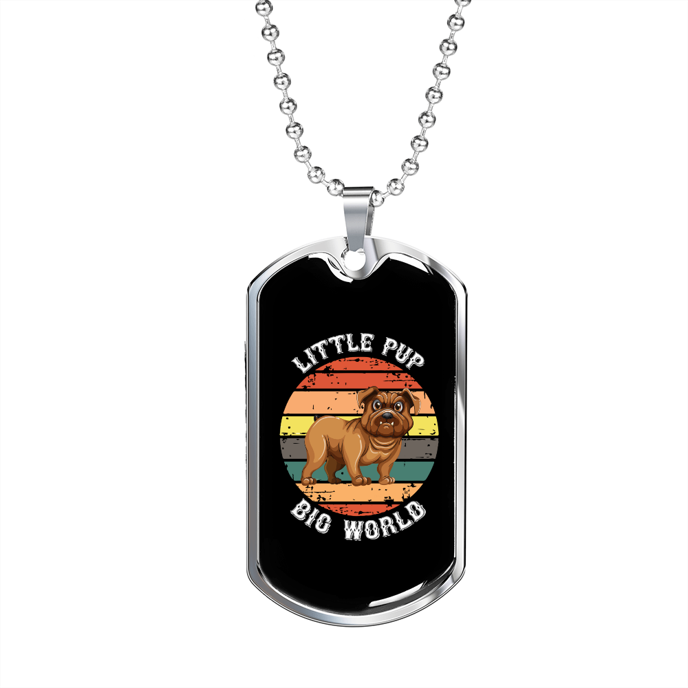 Little Pup Big World Bulldog Necklace Stainless Steel or 18k Gold Dog Tag 24" Chain-Express Your Love Gifts