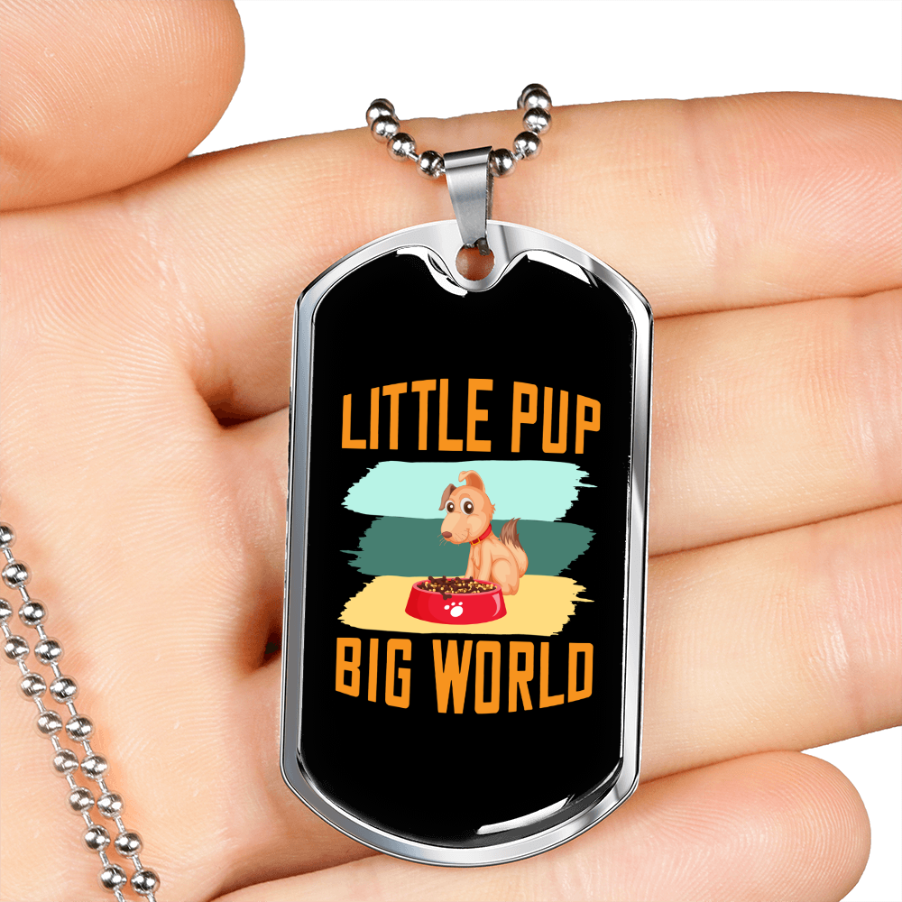 Little Pup Big World Necklace Stainless Steel or 18k Gold Dog Tag 24" Chain-Express Your Love Gifts