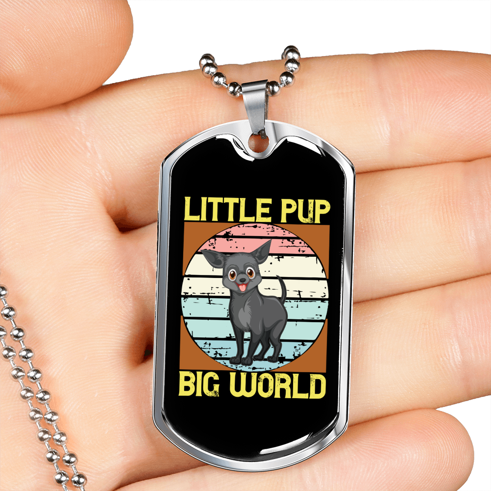 Little Pup Big World Yellow Necklace Stainless Steel or 18k Gold Dog Tag 24" Chain-Express Your Love Gifts