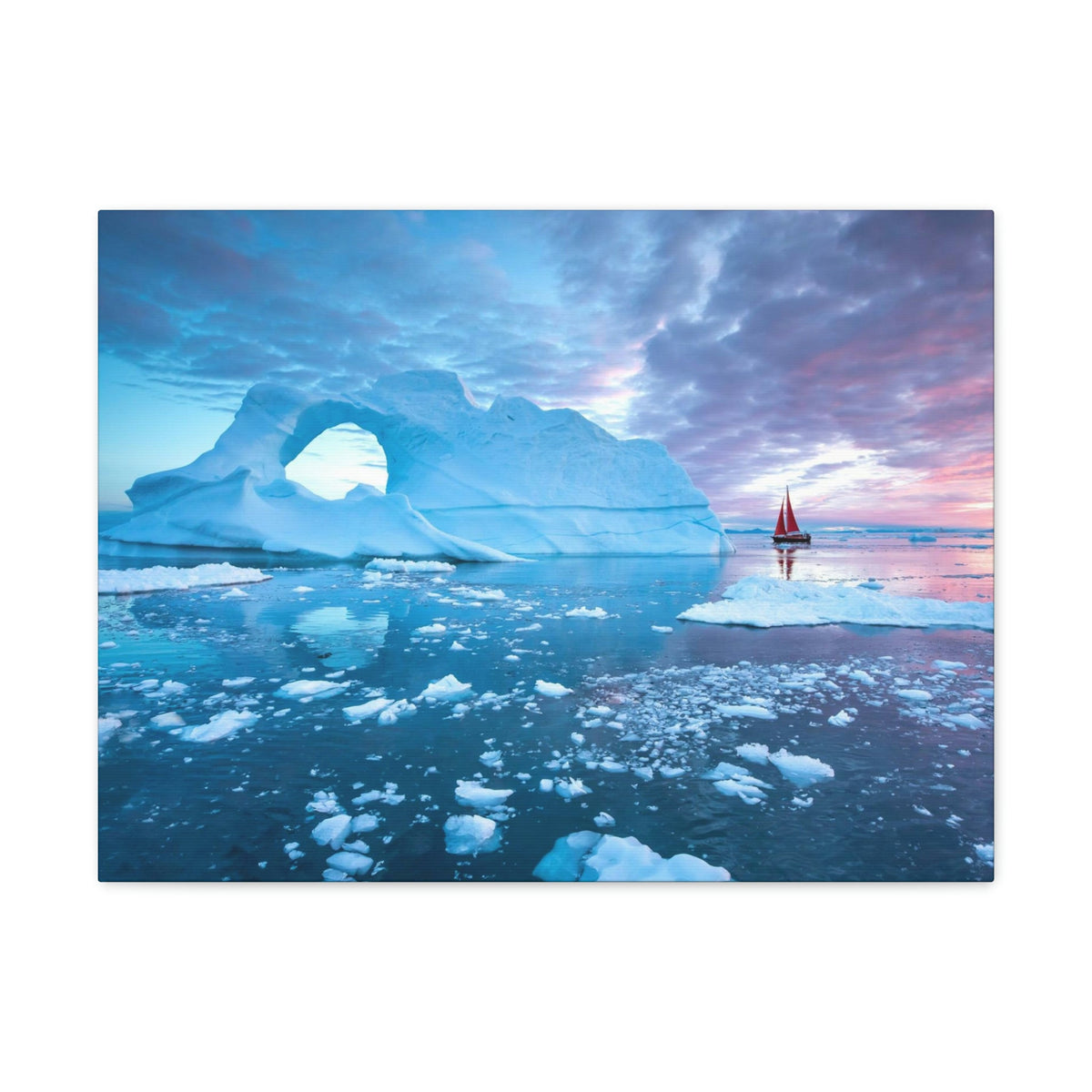 Little Red Boat Floating Alongside Icebergs Scene Beautiful Stunning and Awesome View Beauty Nature Scene Big Iceberg and Cloudy Sky Wall Art Ready to Hang Unframed-Express Your Love Gifts