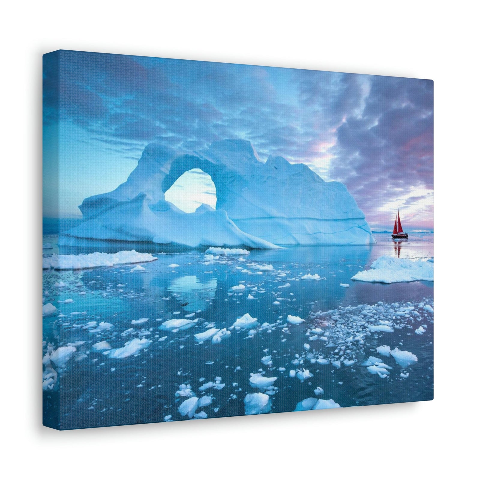 Little Red Boat Floating Alongside Icebergs Scene Beautiful Stunning and Awesome View Beauty Nature Scene Big Iceberg and Cloudy Sky Wall Art Ready to Hang Unframed-Express Your Love Gifts