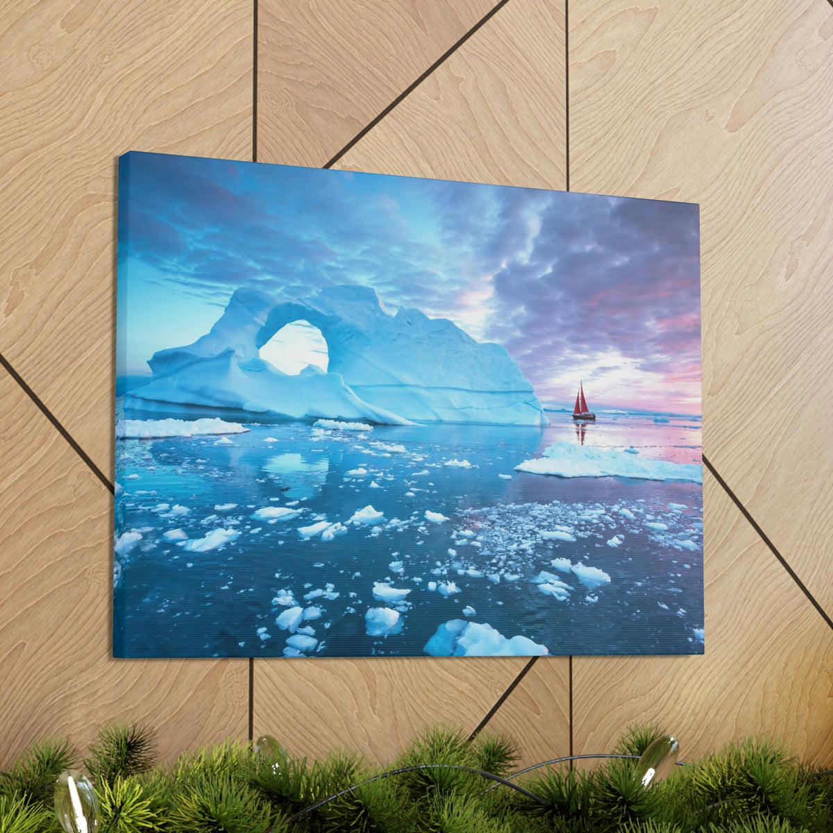 Little Red Boat Floating Alongside Icebergs Scene Beautiful Stunning and Awesome View Beauty Nature Scene Big Iceberg and Cloudy Sky Wall Art Ready to Hang Unframed-Express Your Love Gifts