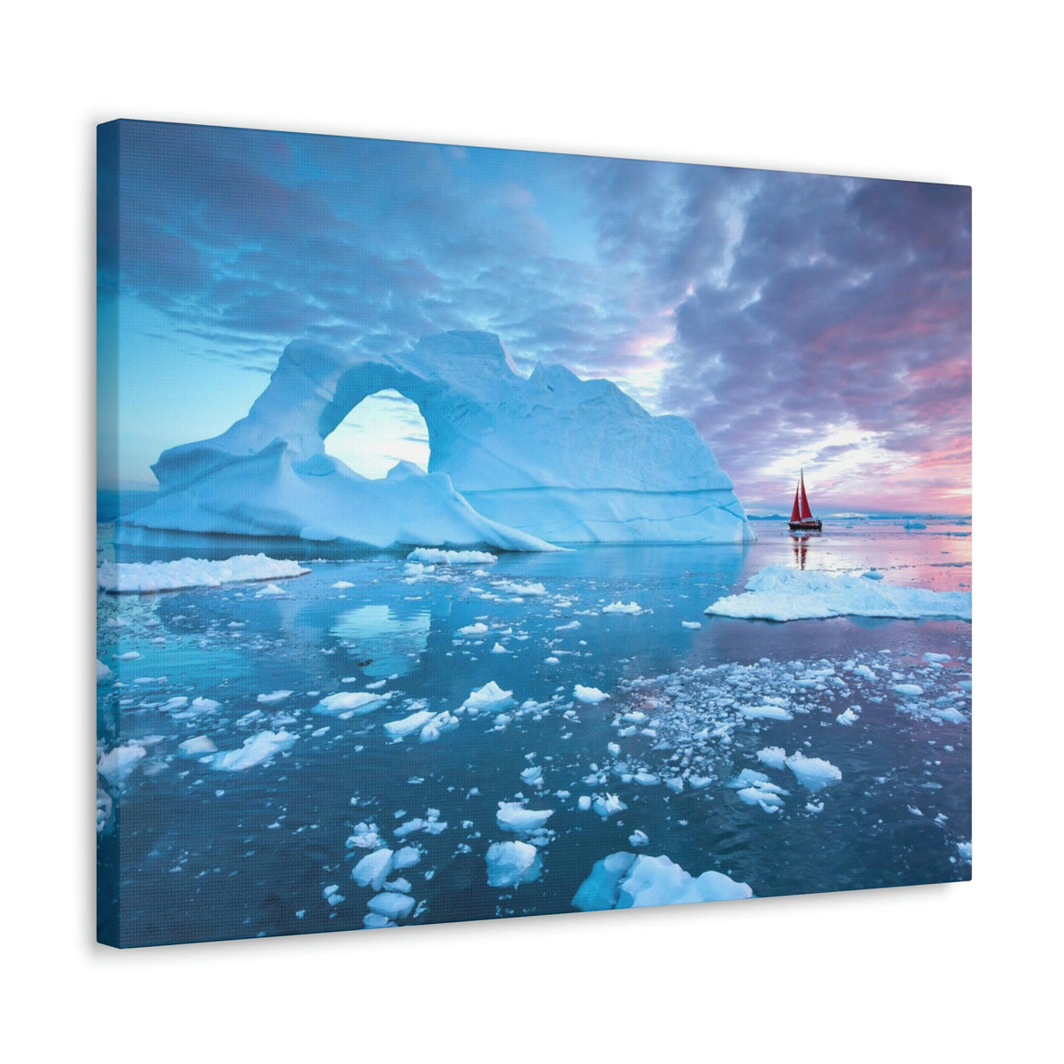 Little Red Boat Floating Alongside Icebergs Scene Beautiful Stunning and Awesome View Beauty Nature Scene Big Iceberg and Cloudy Sky Wall Art Ready to Hang Unframed-Express Your Love Gifts