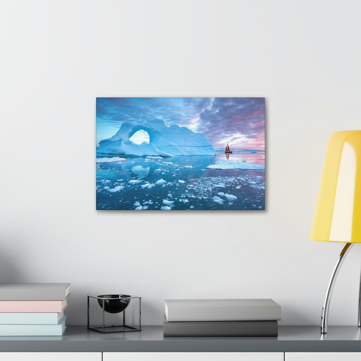 Little Red Boat Floating Alongside Icebergs Scene Beautiful Stunning and Awesome View Beauty Nature Scene Big Iceberg and Cloudy Sky Wall Art Ready to Hang Unframed-Express Your Love Gifts