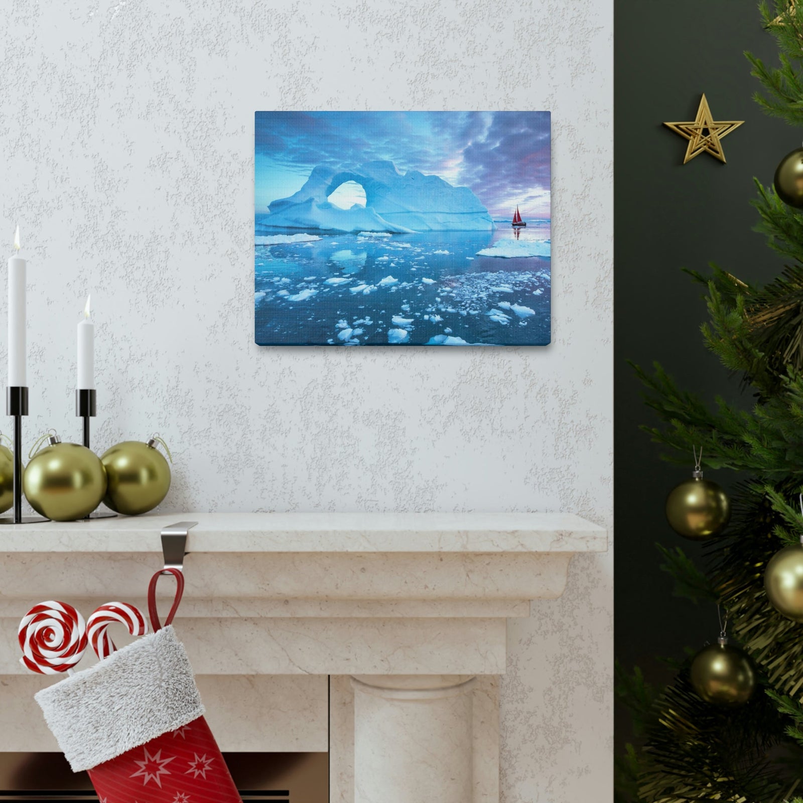 Little Red Boat Floating Alongside Icebergs Scene Beautiful Stunning and Awesome View Beauty Nature Scene Big Iceberg and Cloudy Sky Wall Art Ready to Hang Unframed-Express Your Love Gifts