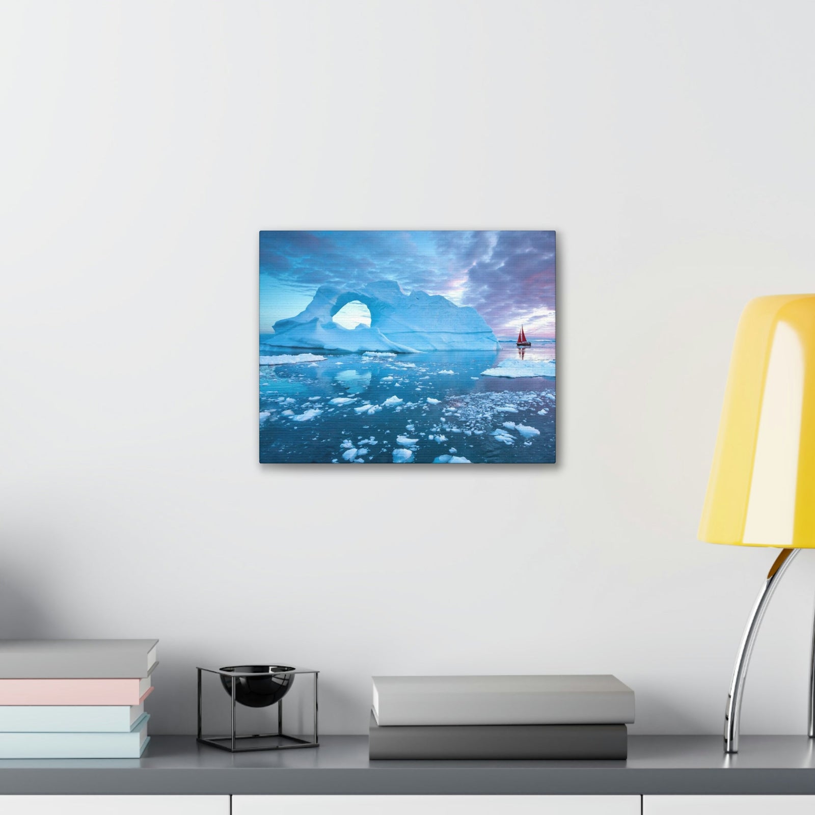 Little Red Boat Floating Alongside Icebergs Scene Beautiful Stunning and Awesome View Beauty Nature Scene Big Iceberg and Cloudy Sky Wall Art Ready to Hang Unframed-Express Your Love Gifts