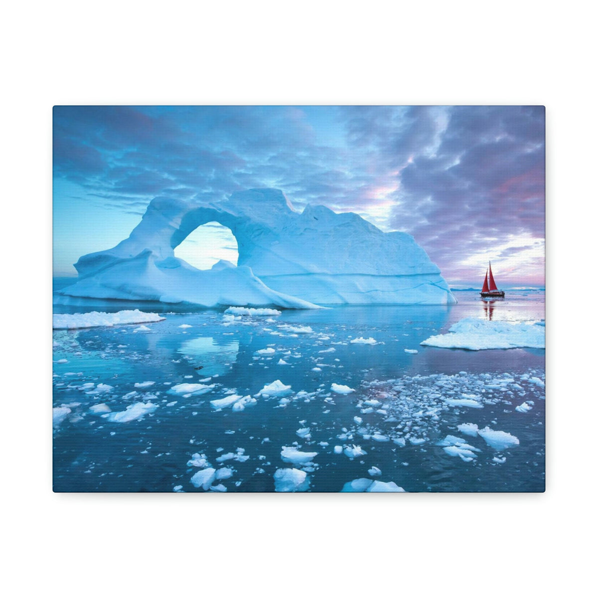 Little Red Boat Floating Alongside Icebergs Scene Beautiful Stunning and Awesome View Beauty Nature Scene Big Iceberg and Cloudy Sky Wall Art Ready to Hang Unframed-Express Your Love Gifts
