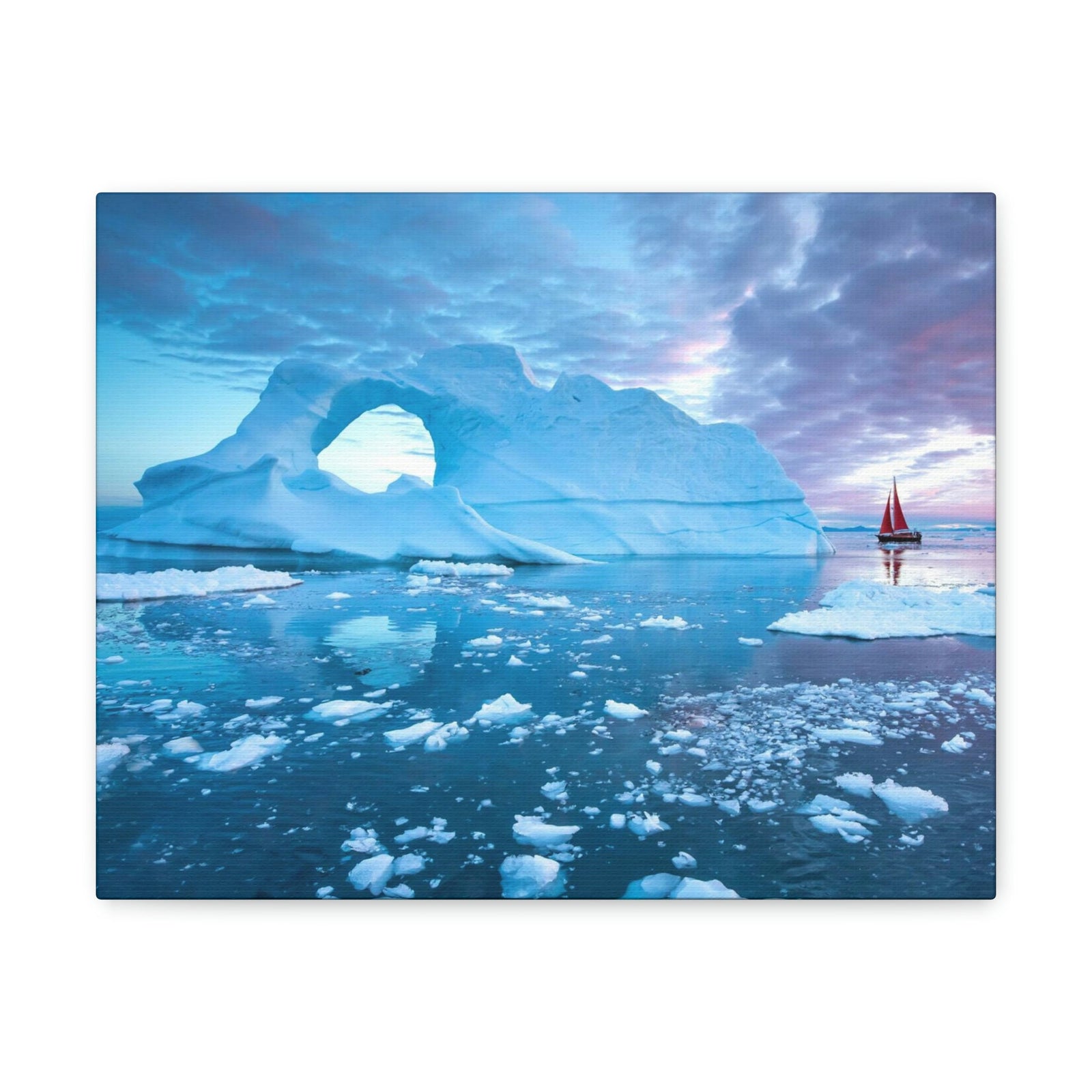 Little Red Boat Floating Alongside Icebergs Scene Beautiful Stunning and Awesome View Beauty Nature Scene Big Iceberg and Cloudy Sky Wall Art Ready to Hang Unframed-Express Your Love Gifts