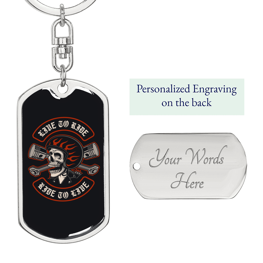 Live To Ride Biker Dark Keychain Stainless Steel or 18k Gold Dog Tag Keyring-Express Your Love Gifts