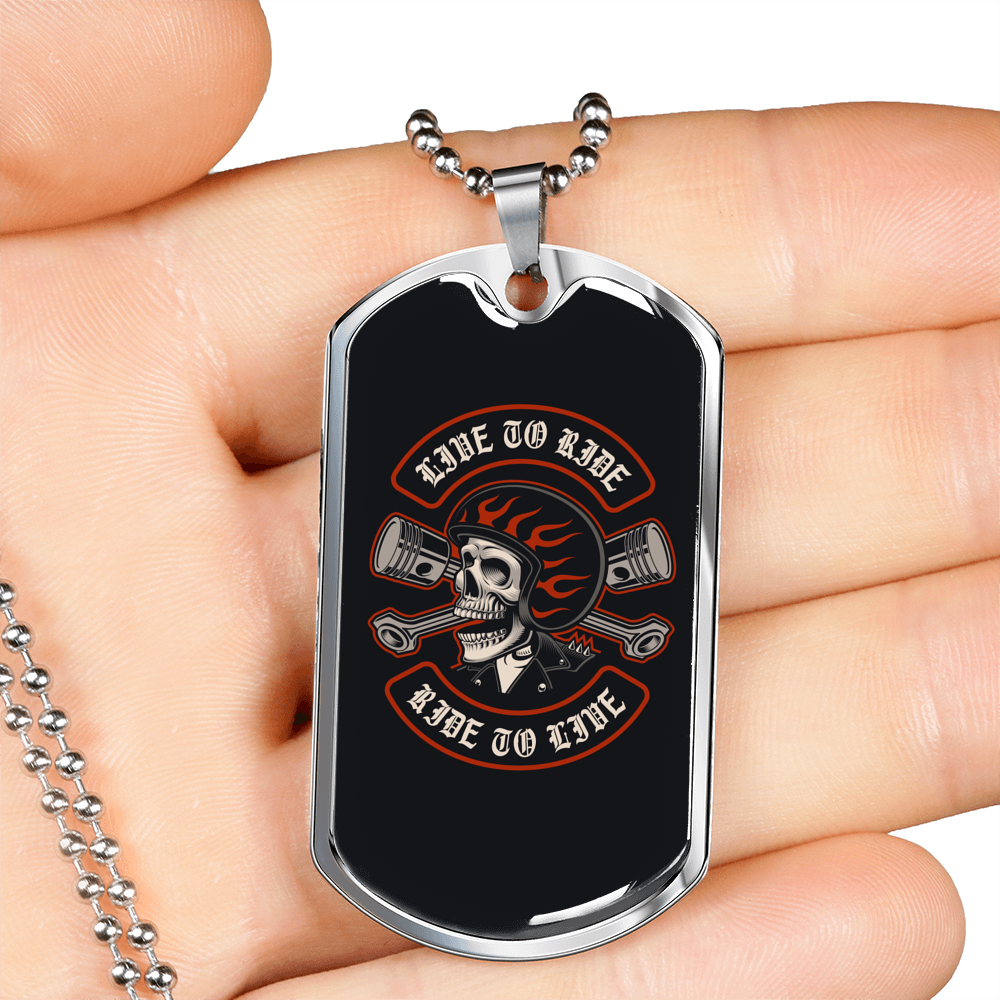 Live To Ride Biker Dark Necklace Stainless Steel or 18k Gold Dog Tag 24"-Express Your Love Gifts