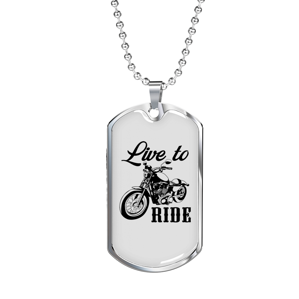 Live To Ride Biker Necklace Stainless Steel or 18k Gold Dog Tag 24"-Express Your Love Gifts