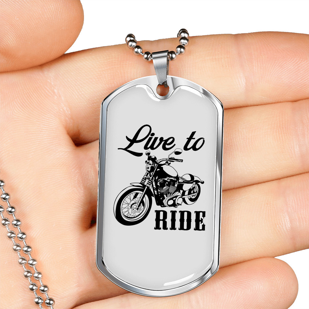 Live To Ride Biker Necklace Stainless Steel or 18k Gold Dog Tag 24"-Express Your Love Gifts