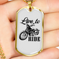 Live To Ride Biker Necklace Stainless Steel or 18k Gold Dog Tag 24"-Express Your Love Gifts