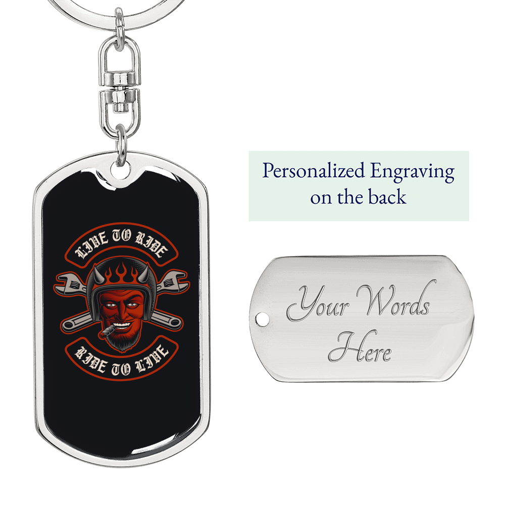 Live To Ride Satan Biker Keychain Stainless Steel or 18k Gold Dog Tag Keyring-Express Your Love Gifts