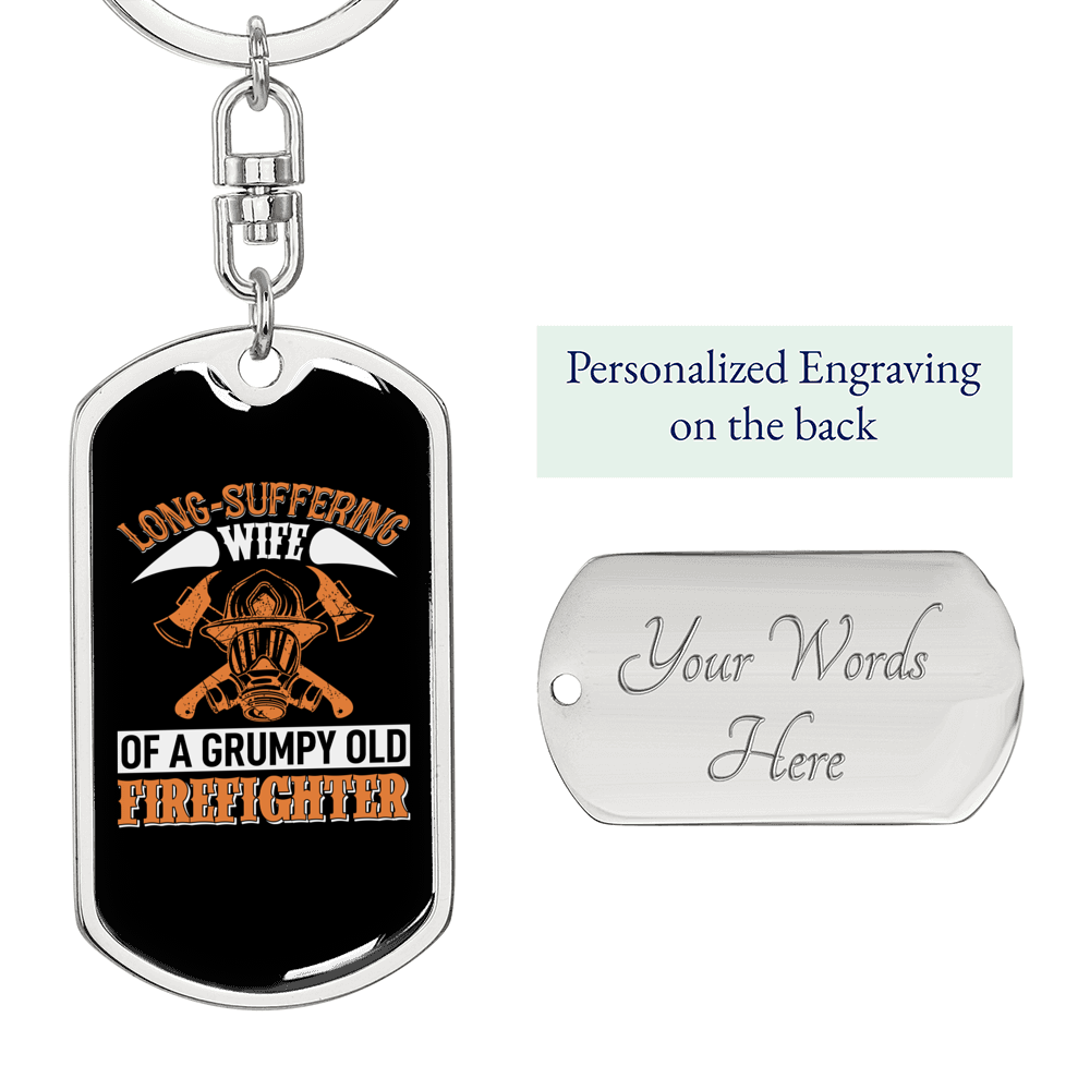 Long-Suffering Firefighter'S Wife Keychain Stainless Steel or 18k Gold Dog Tag Keyring-Express Your Love Gifts