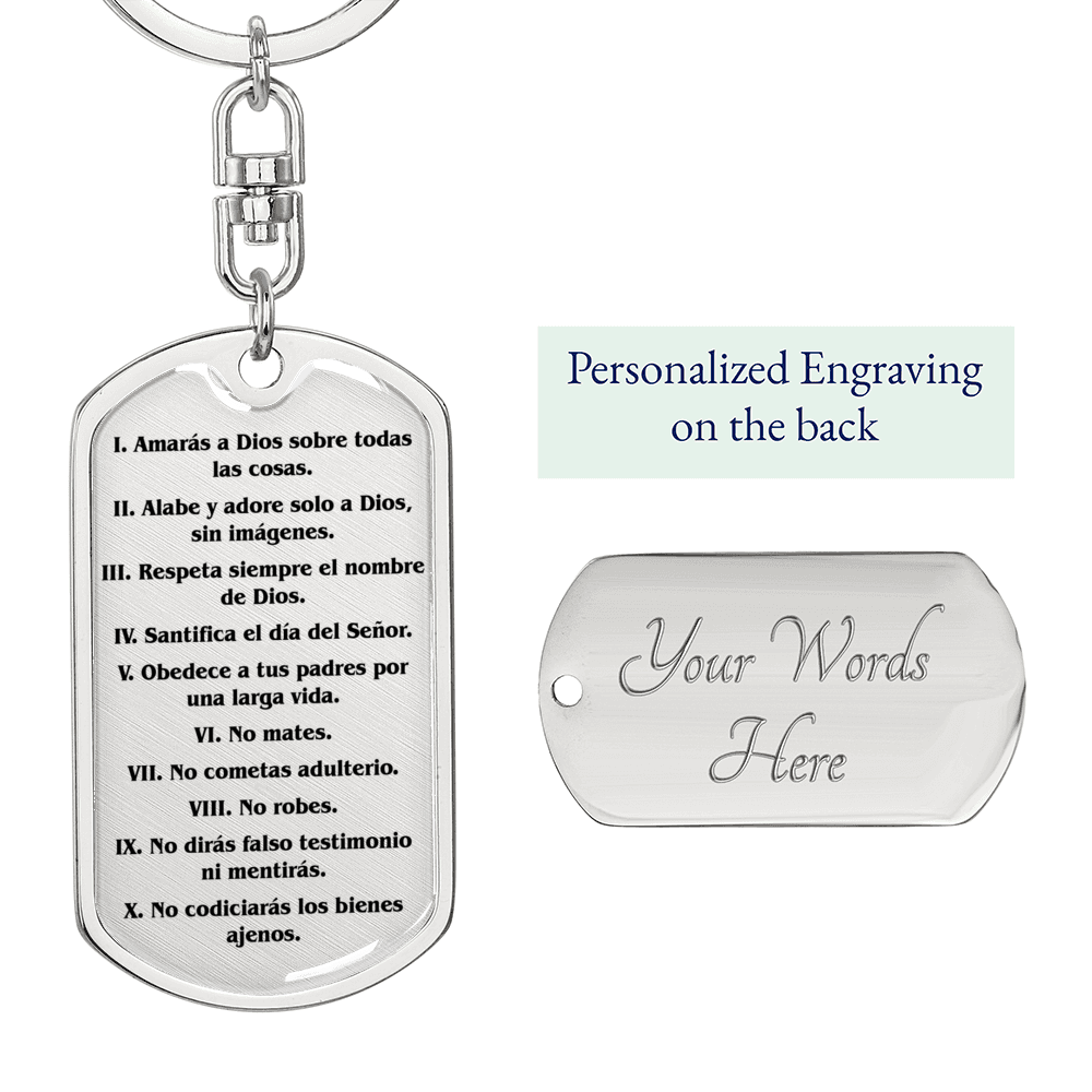 Los Diez Mandamientos Espanol Clear Swivel Keychain Dog Tag Stainless Steel or 18k Gold-Express Your Love Gifts