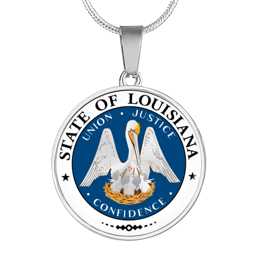 Louisiana State Seal Necklace Circle Pendant Stainless Steel or 18k Gold 18-22"-Express Your Love Gifts