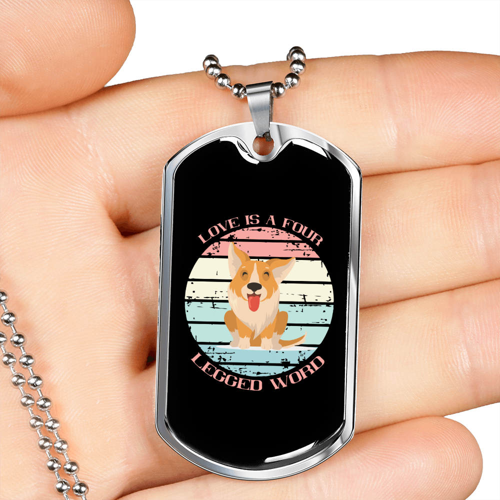 Love is a Four Legged Word Blue Necklace Stainless Steel or 18k Gold Dog Tag 24" Chain-Express Your Love Gifts