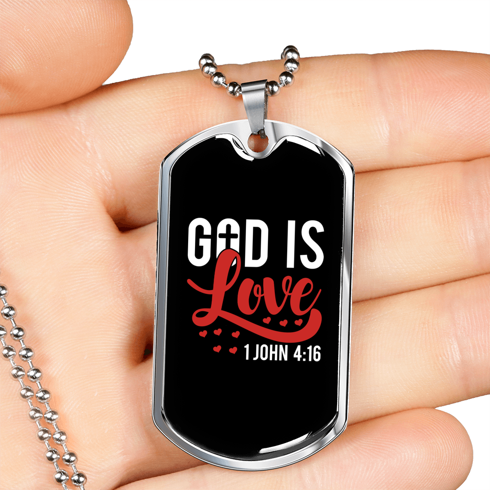Love Is God Christian Necklace Stainless Steel or 18k Gold Dog Tag 24" Chain-Express Your Love Gifts