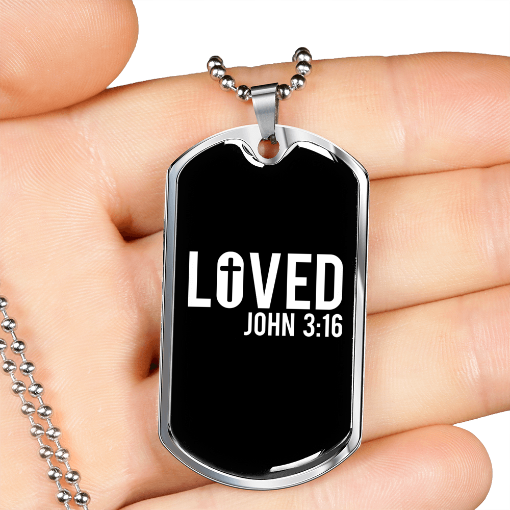 Loved John 3:16 Christian Necklace Stainless Steel or 18k Gold Dog Tag 24" Chain-Express Your Love Gifts