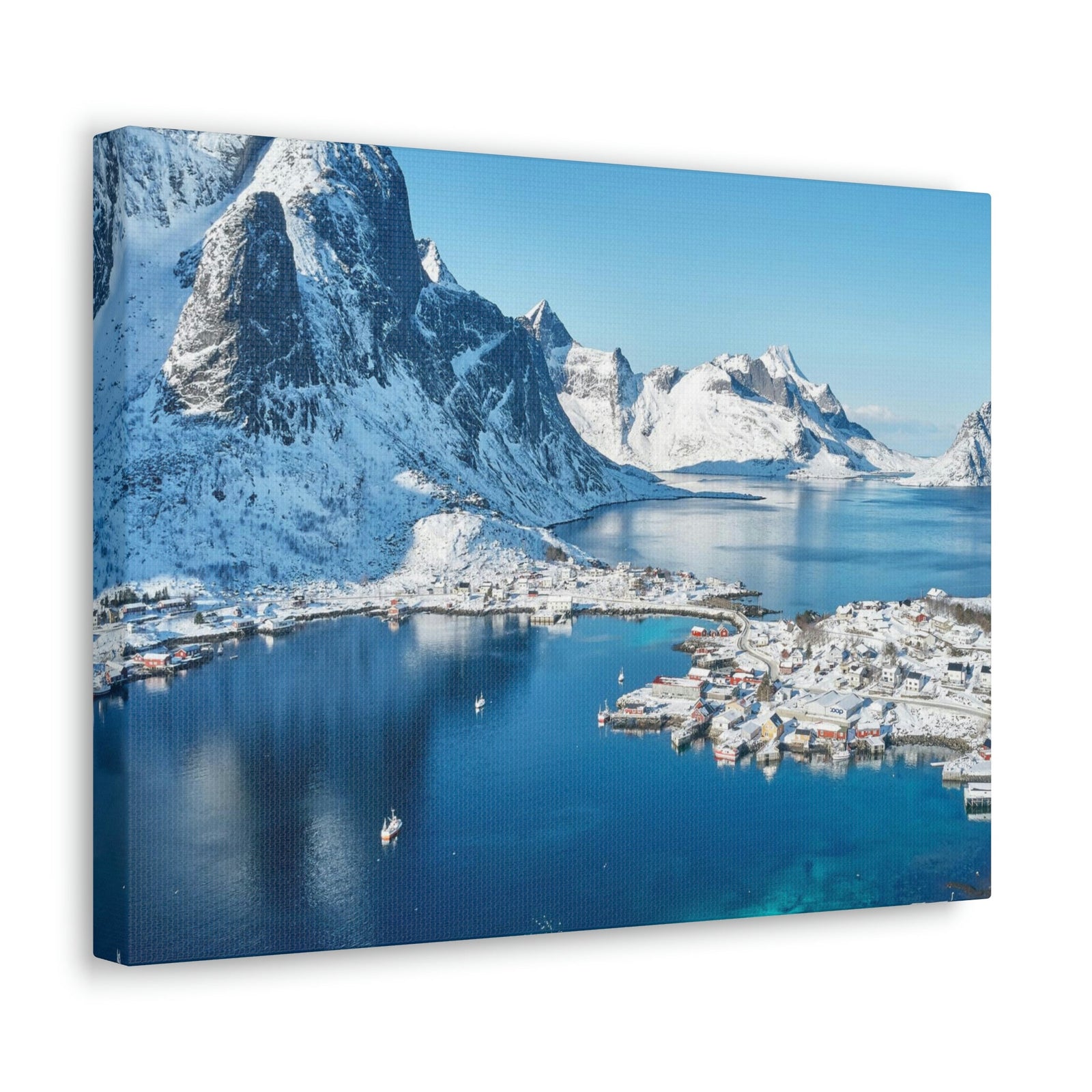 Lovely Lake Surrounded by the Mountains Scene Beautiful Incredible and Majestic Village Beauty Nature Scene Small Snowy Village Wall Art Ready to Hang Unframed-Express Your Love Gifts