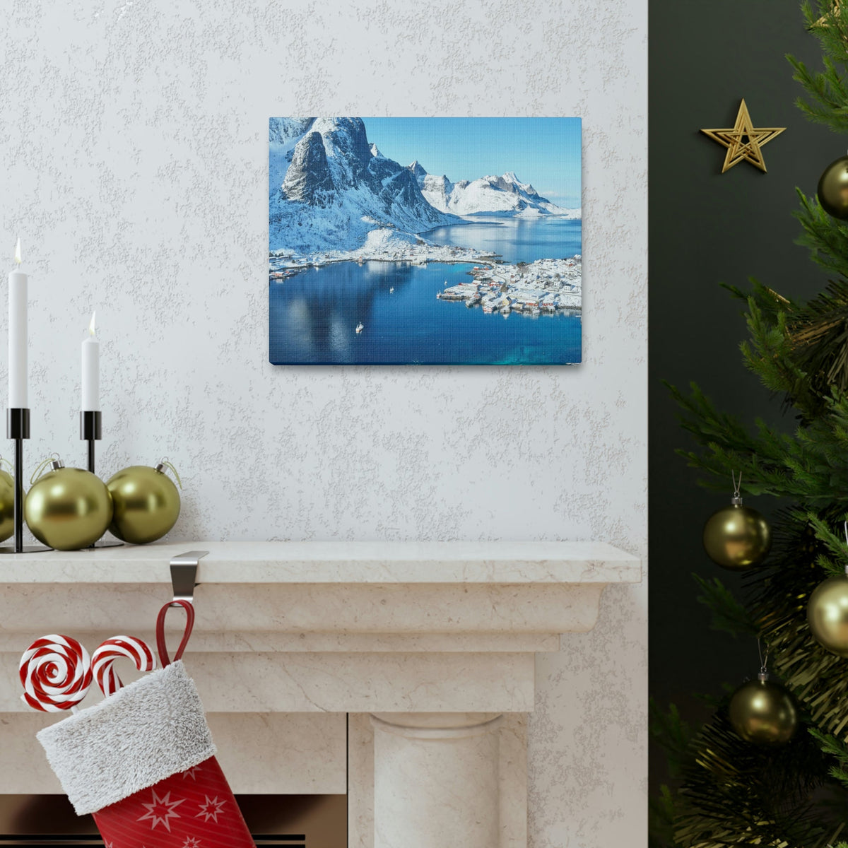 Lovely Lake Surrounded by the Mountains Scene Beautiful Incredible and Majestic Village Beauty Nature Scene Small Snowy Village Wall Art Ready to Hang Unframed-Express Your Love Gifts