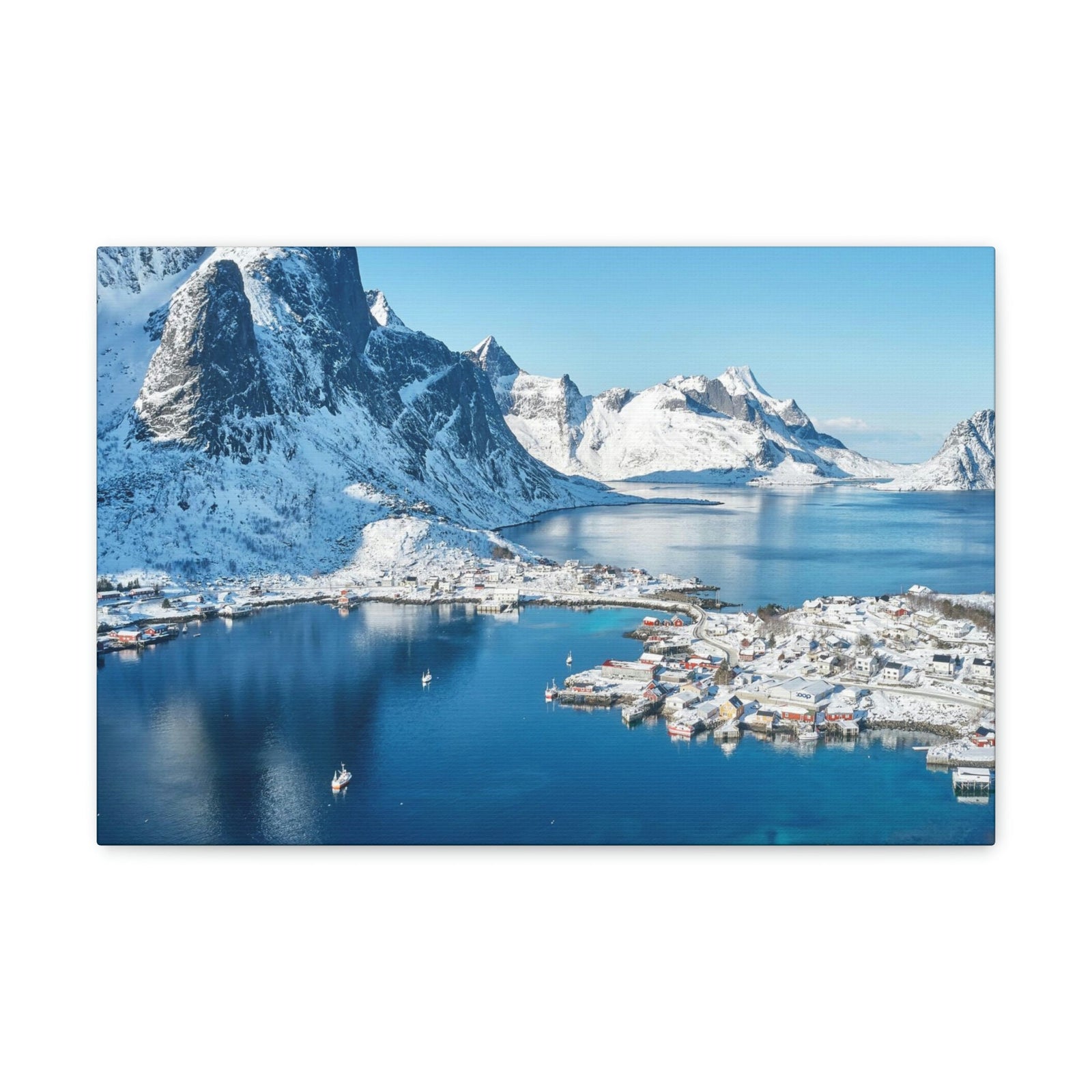 Lovely Lake Surrounded by the Mountains Scene Beautiful Incredible and Majestic Village Beauty Nature Scene Small Snowy Village Wall Art Ready to Hang Unframed-Express Your Love Gifts