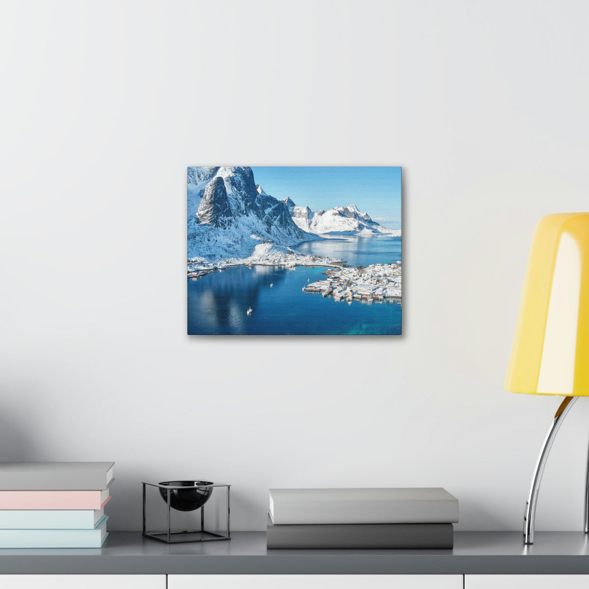 Lovely Lake Surrounded by the Mountains Scene Beautiful Incredible and Majestic Village Beauty Nature Scene Small Snowy Village Wall Art Ready to Hang Unframed-Express Your Love Gifts