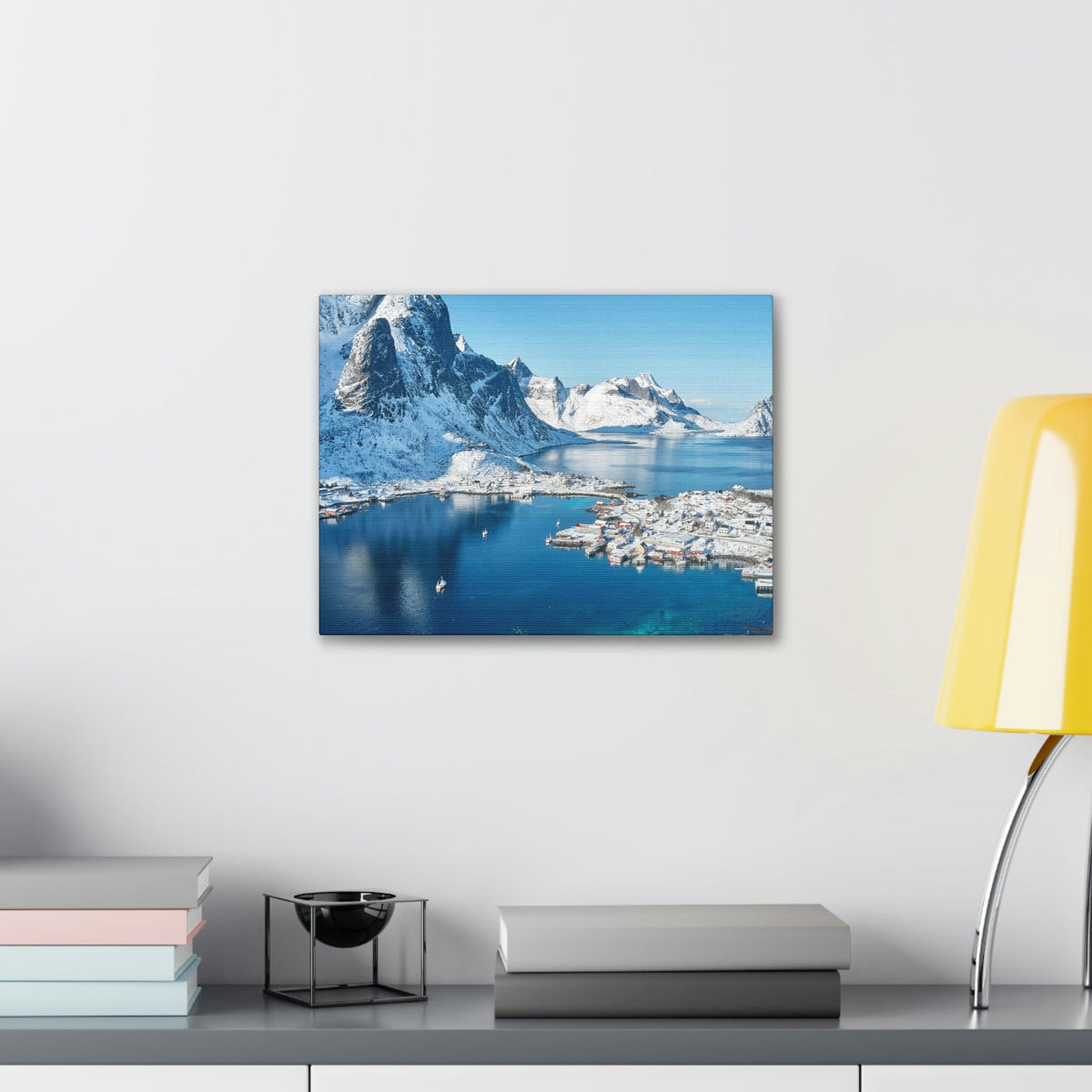 Lovely Lake Surrounded by the Mountains Scene Beautiful Incredible and Majestic Village Beauty Nature Scene Small Snowy Village Wall Art Ready to Hang Unframed-Express Your Love Gifts