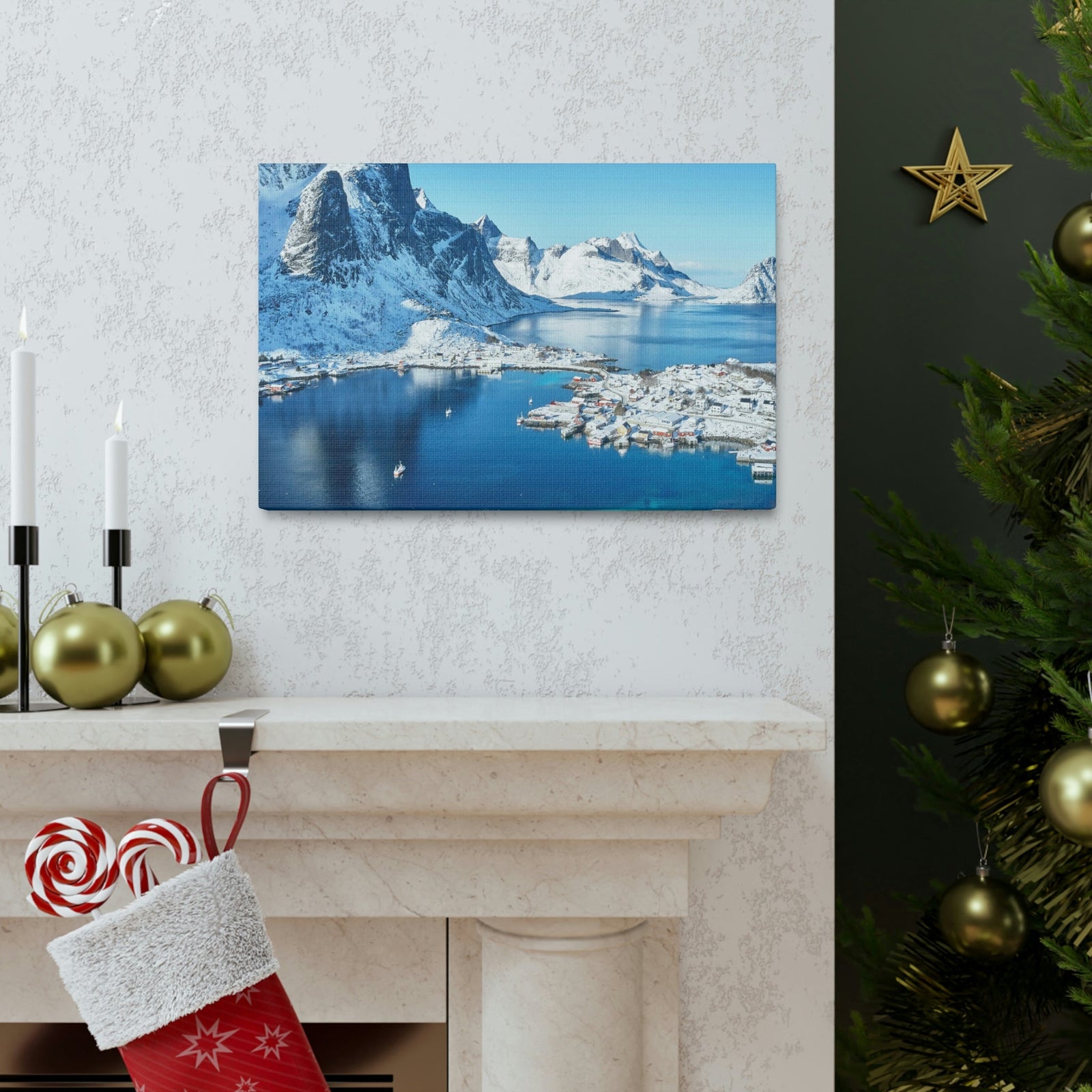 Lovely Lake Surrounded by the Mountains Scene Beautiful Incredible and Majestic Village Beauty Nature Scene Small Snowy Village Wall Art Ready to Hang Unframed-Express Your Love Gifts
