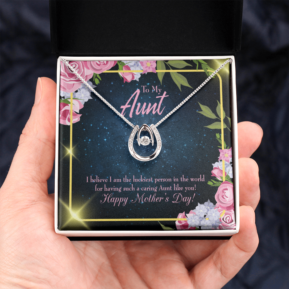 Luckiest Aunt Lucky Horseshoe Necklace Message Card 14k w CZ Crystals-Express Your Love Gifts
