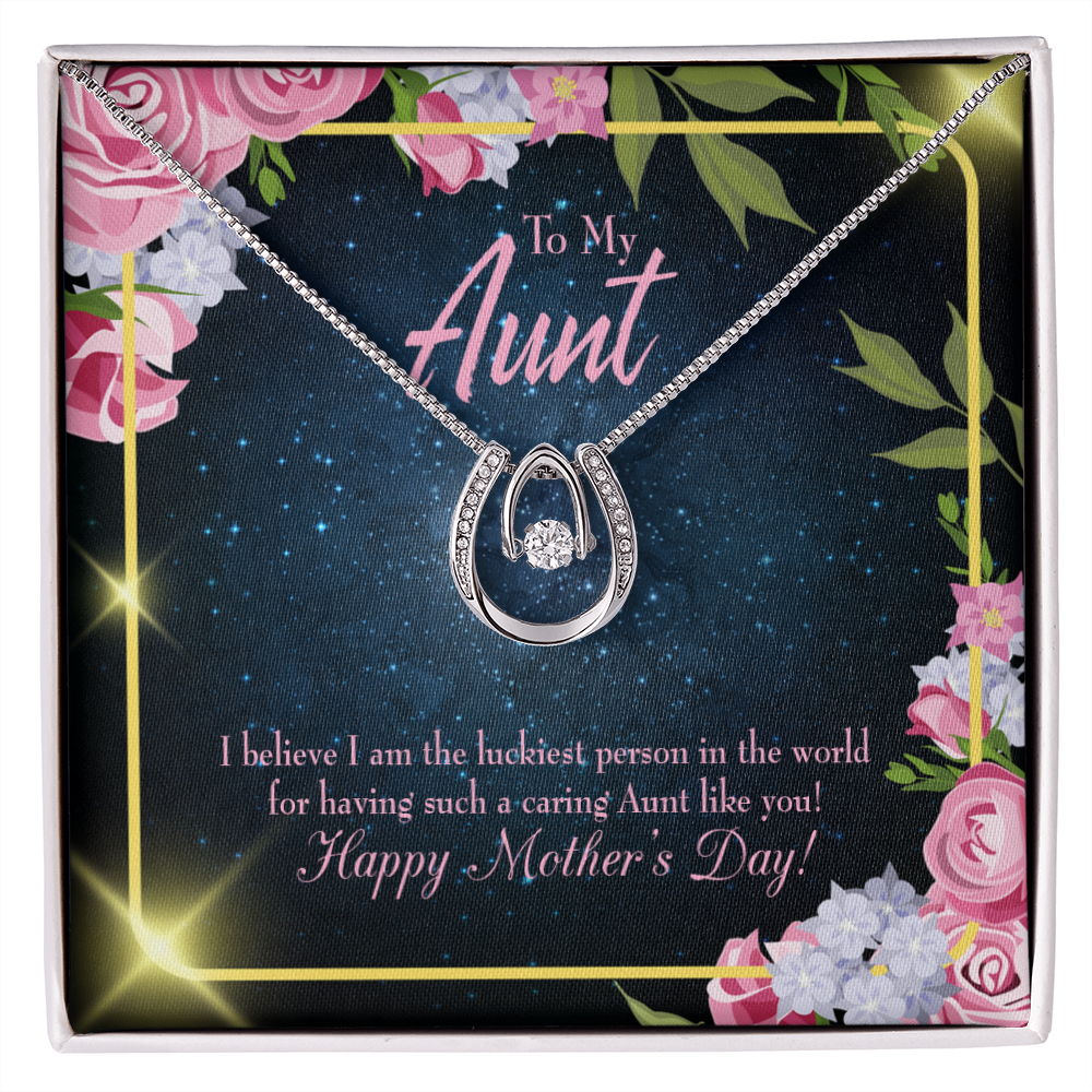 Luckiest Aunt Lucky Horseshoe Necklace Message Card 14k w CZ Crystals-Express Your Love Gifts