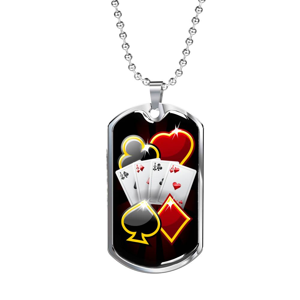 Lucky Poker Dog Tag Stainless Steel or 18k Gold 24" Chain-Express Your Love Gifts