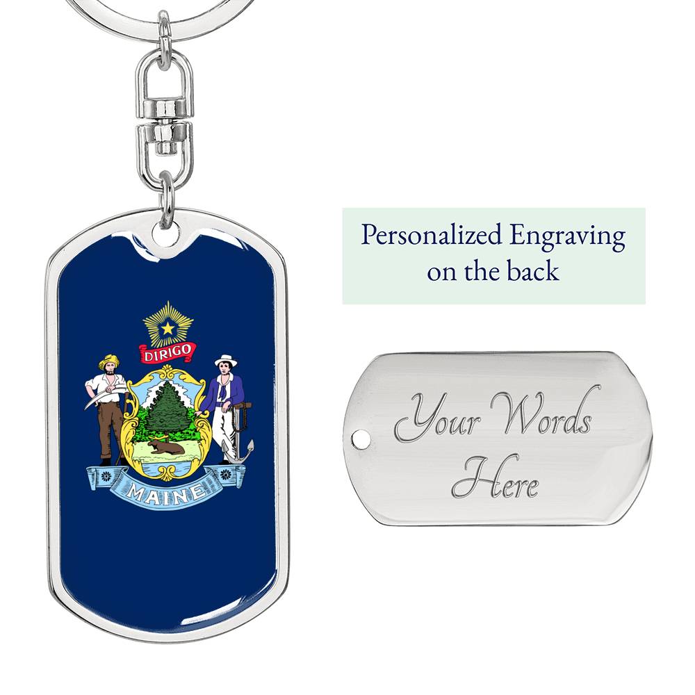 Maine State Flag Keychain Dog Tag Stainless Steel or 18k Gold-Express Your Love Gifts