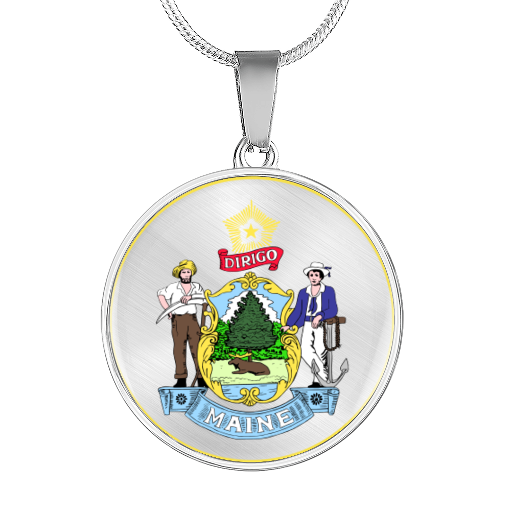 Maine State Seal Necklace Circle Pendant Stainless Steel or 18k Gold 18-22"-Express Your Love Gifts