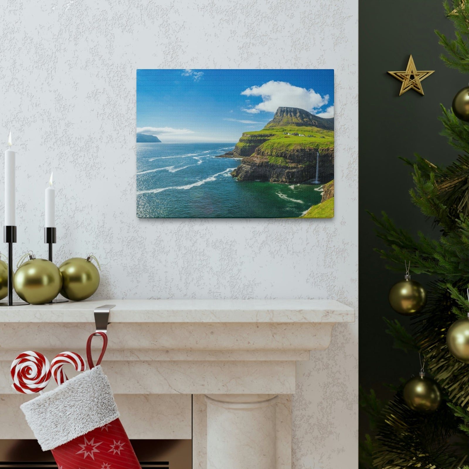 Majestic Sunny Day on the Island Scene Beautiful Awesome and Incredible Sea Beauty Nature Scene Big Cliff and Falls Wall Art Ready to Hang Unframed-Express Your Love Gifts