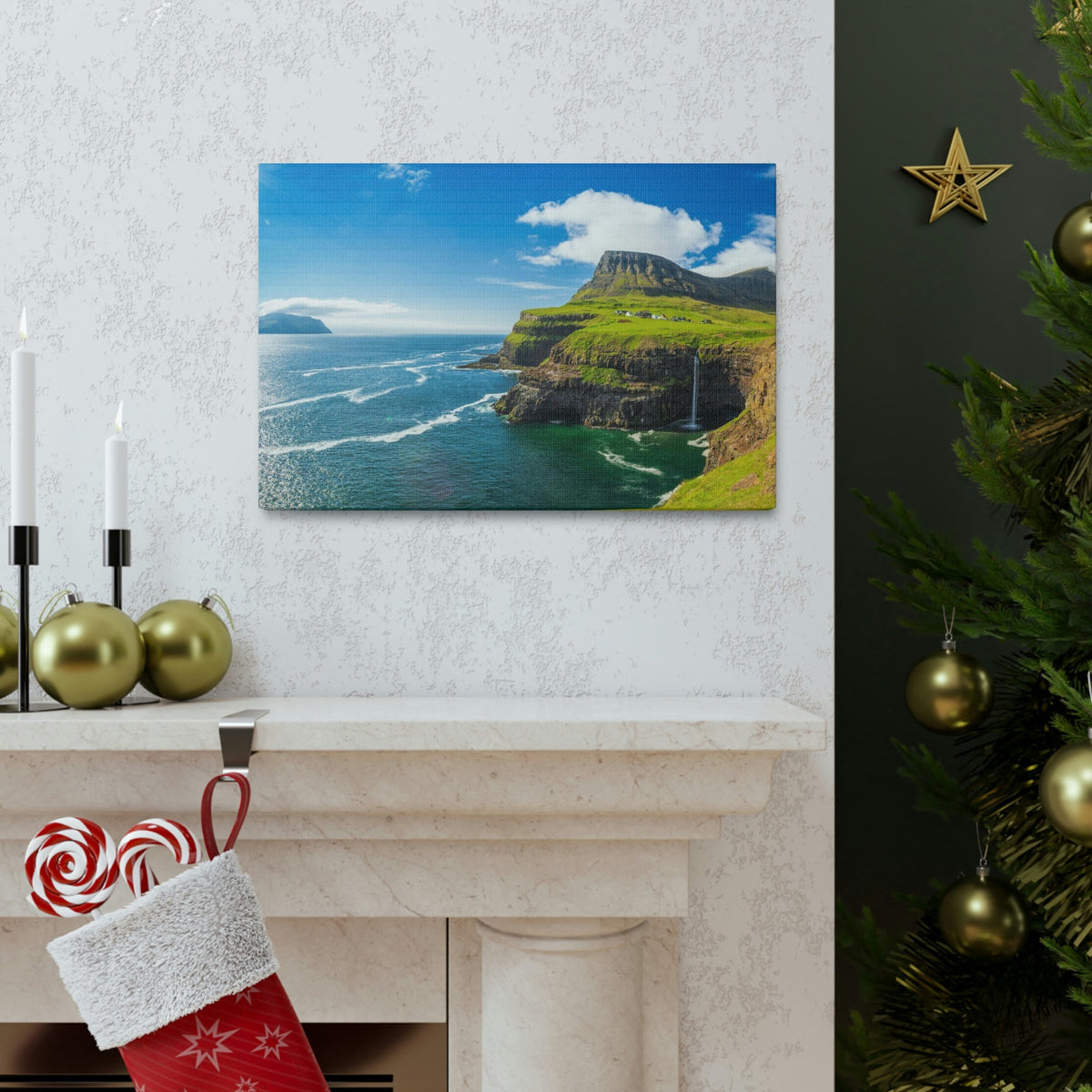 Majestic Sunny Day on the Island Scene Beautiful Awesome and Incredible Sea Beauty Nature Scene Big Cliff and Falls Wall Art Ready to Hang Unframed-Express Your Love Gifts