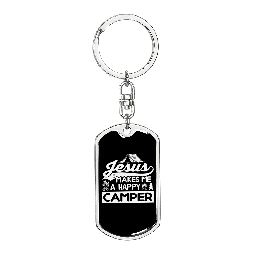 Makes A Happy Camper White Keychain Stainless Steel or 18k Gold Dog Tag Keyring-Express Your Love Gifts