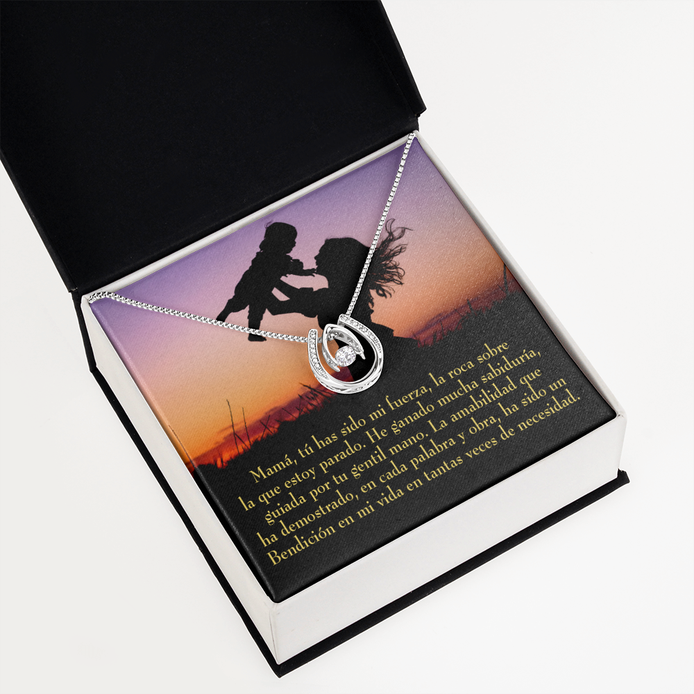 Mamá tú has sido mi fuerza Lucky Horseshoe Necklace Message Card 14k w CZ Crystals-Express Your Love Gifts